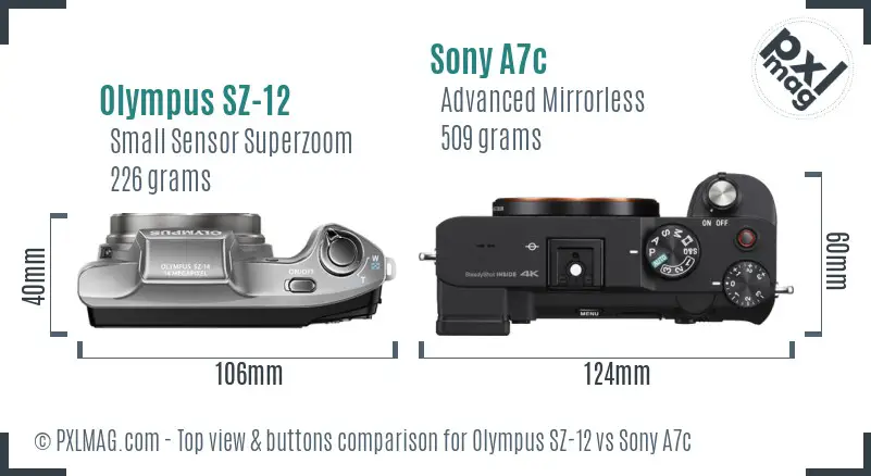 Olympus SZ-12 vs Sony A7c top view buttons comparison