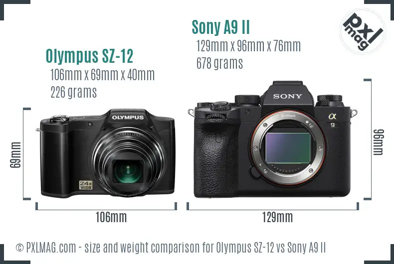 Olympus SZ-12 vs Sony A9 II size comparison