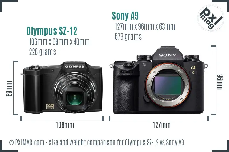 Olympus SZ-12 vs Sony A9 size comparison