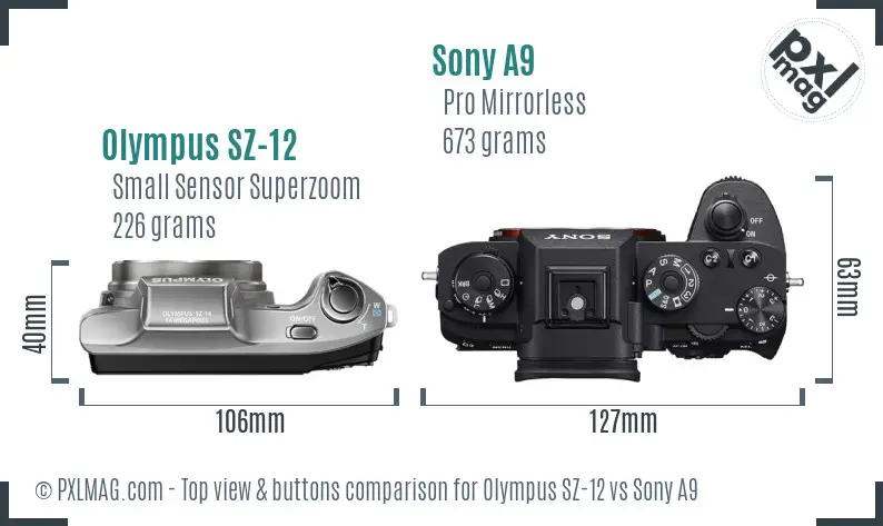 Olympus SZ-12 vs Sony A9 top view buttons comparison