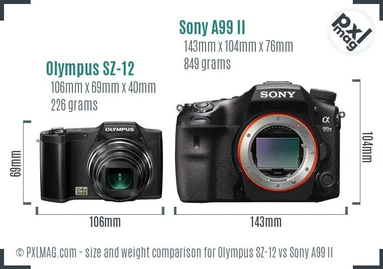 Olympus SZ-12 vs Sony A99 II size comparison