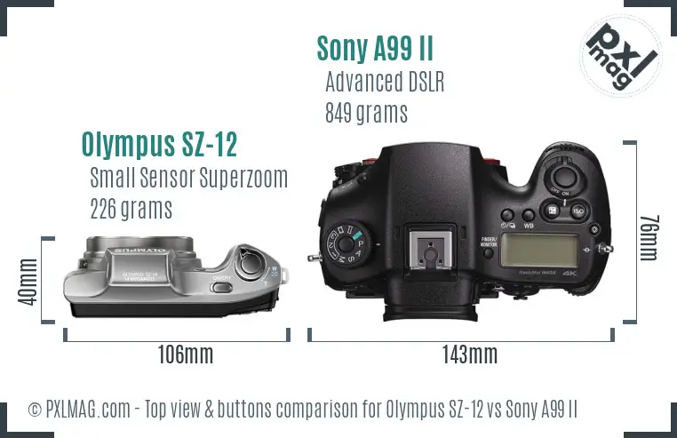 Olympus SZ-12 vs Sony A99 II top view buttons comparison