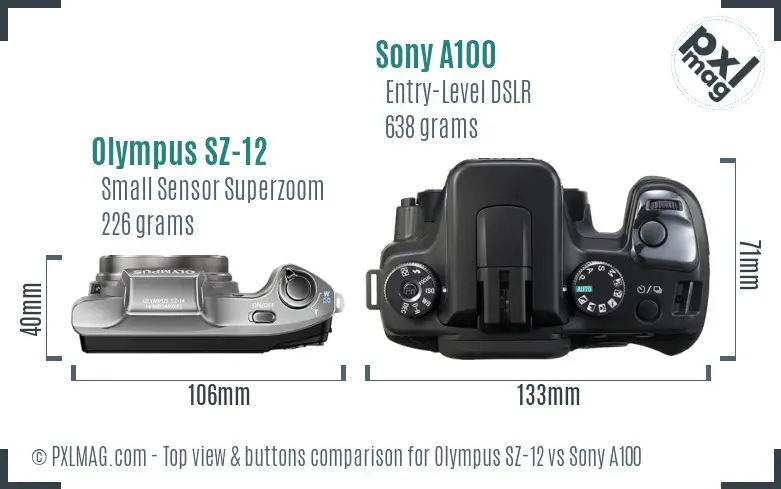 Olympus SZ-12 vs Sony A100 top view buttons comparison