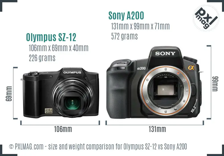 Olympus SZ-12 vs Sony A200 size comparison
