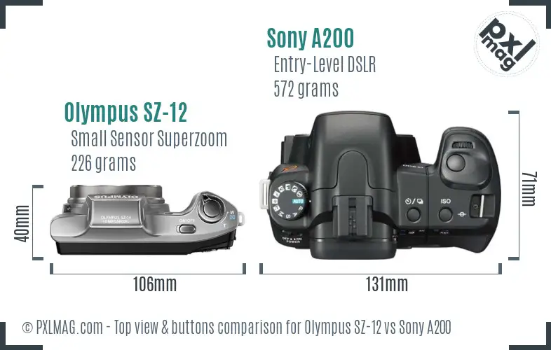 Olympus SZ-12 vs Sony A200 top view buttons comparison