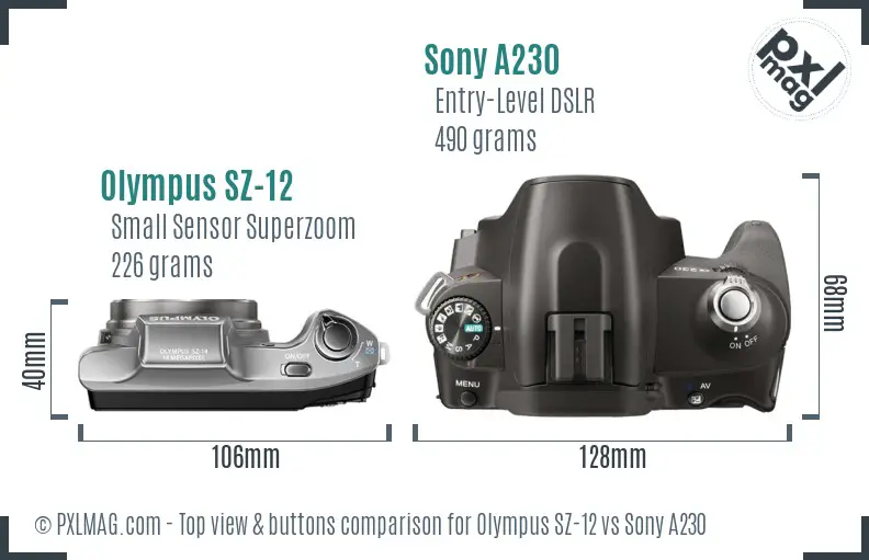 Olympus SZ-12 vs Sony A230 top view buttons comparison