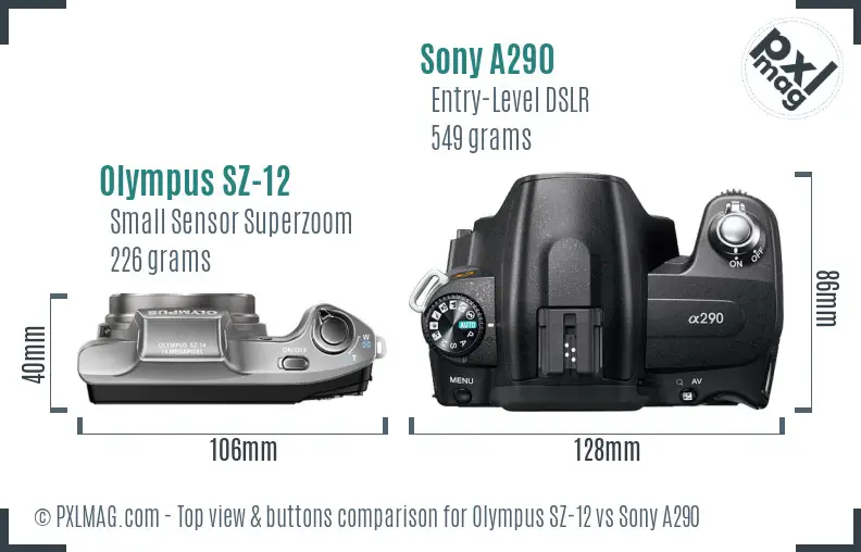 Olympus SZ-12 vs Sony A290 top view buttons comparison