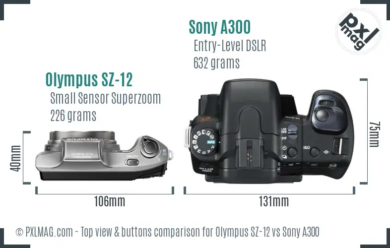 Olympus SZ-12 vs Sony A300 top view buttons comparison