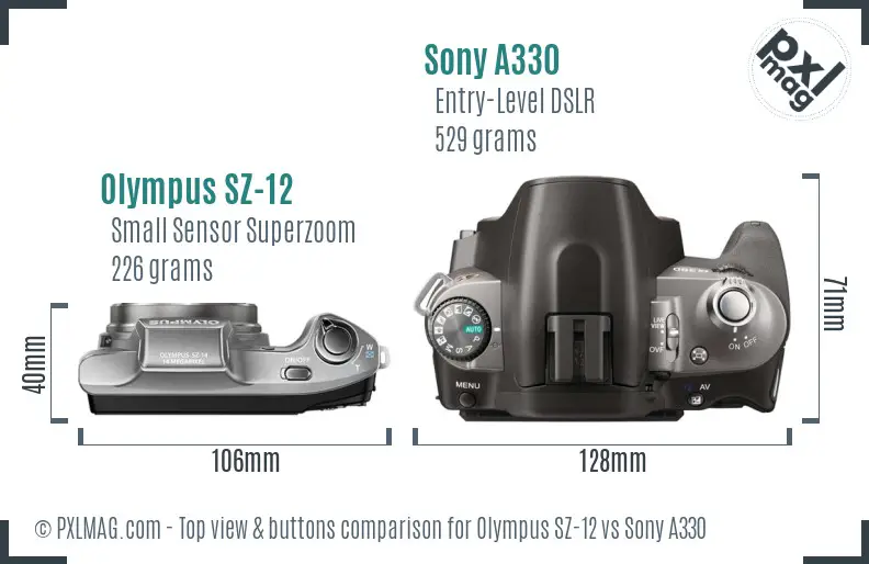 Olympus SZ-12 vs Sony A330 top view buttons comparison