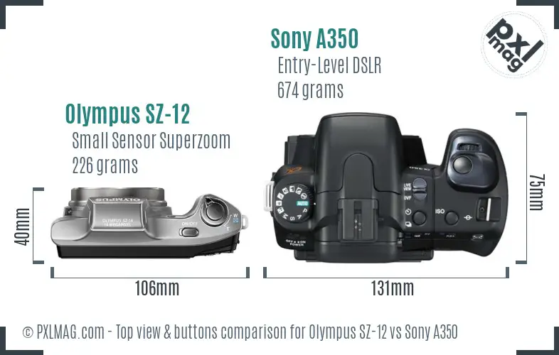 Olympus SZ-12 vs Sony A350 top view buttons comparison