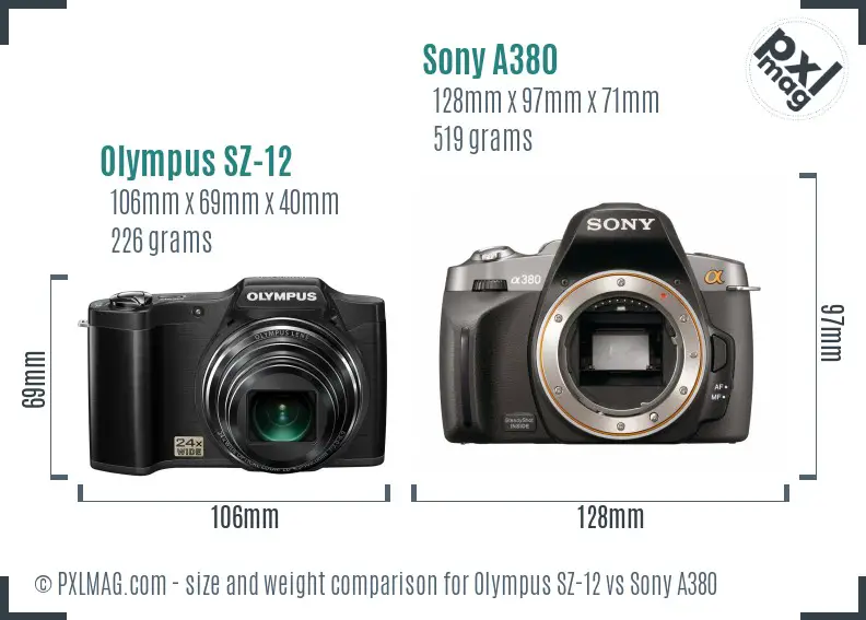 Olympus SZ-12 vs Sony A380 size comparison