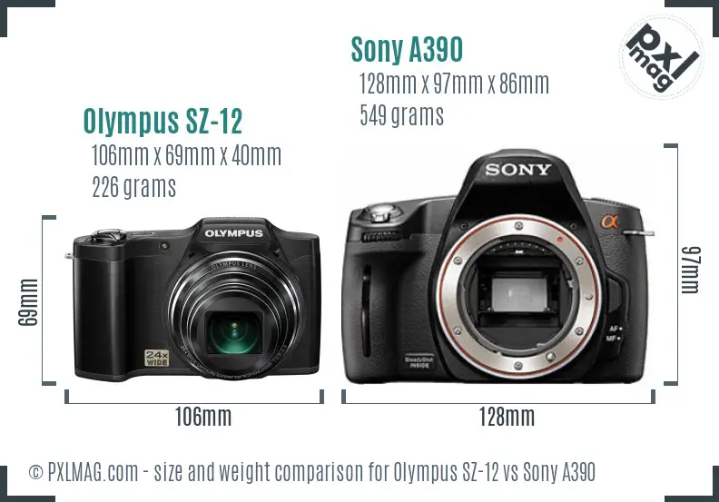 Olympus SZ-12 vs Sony A390 size comparison