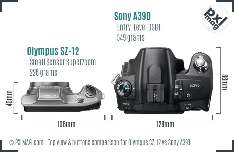 Olympus SZ-12 vs Sony A390 top view buttons comparison