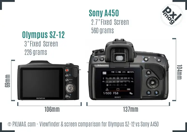 Olympus SZ-12 vs Sony A450 Screen and Viewfinder comparison