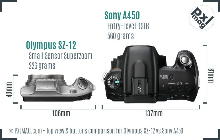 Olympus SZ-12 vs Sony A450 top view buttons comparison