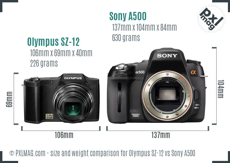 Olympus SZ-12 vs Sony A500 size comparison
