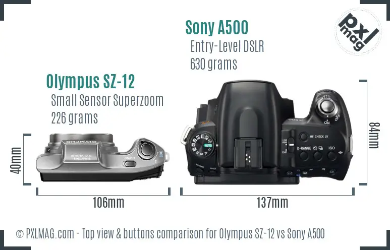 Olympus SZ-12 vs Sony A500 top view buttons comparison