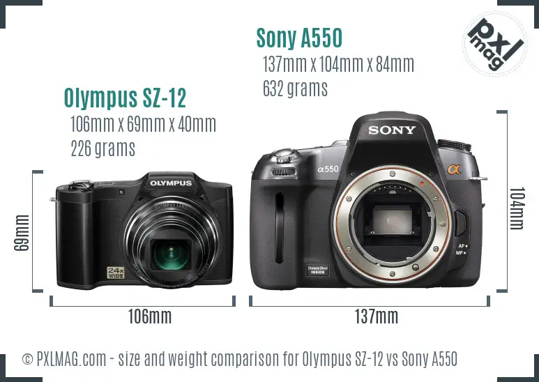 Olympus SZ-12 vs Sony A550 size comparison