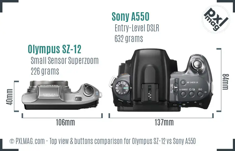Olympus SZ-12 vs Sony A550 top view buttons comparison
