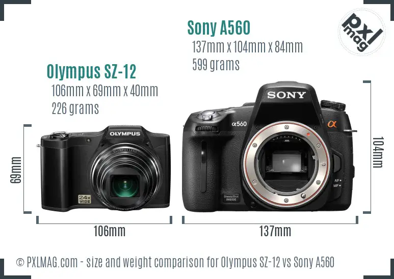 Olympus SZ-12 vs Sony A560 size comparison