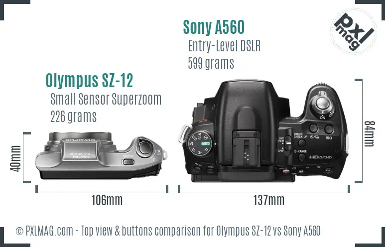 Olympus SZ-12 vs Sony A560 top view buttons comparison