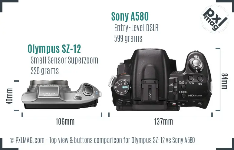 Olympus SZ-12 vs Sony A580 top view buttons comparison