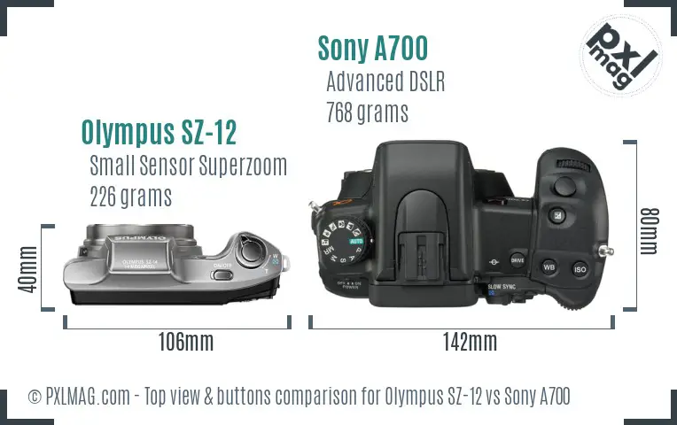 Olympus SZ-12 vs Sony A700 top view buttons comparison