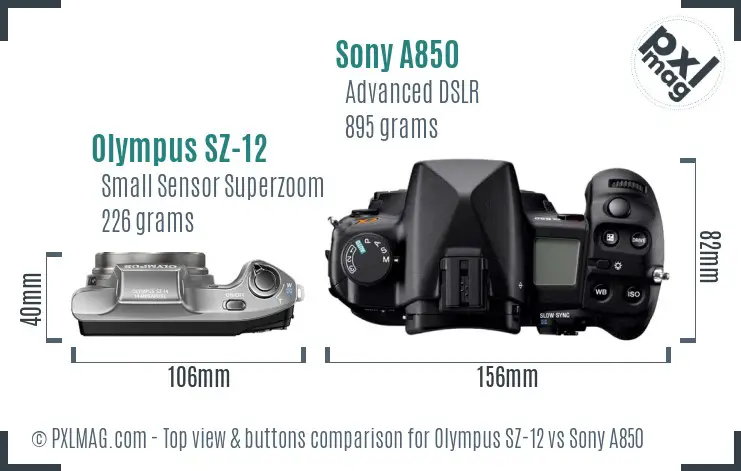 Olympus SZ-12 vs Sony A850 top view buttons comparison