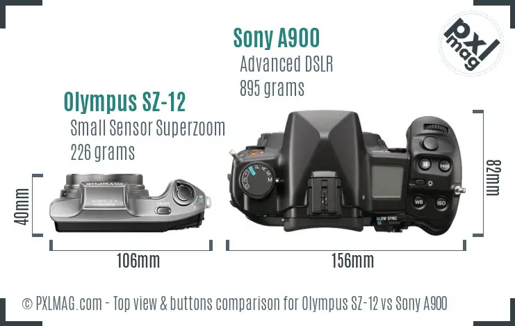Olympus SZ-12 vs Sony A900 top view buttons comparison
