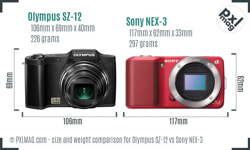 Olympus SZ-12 vs Sony NEX-3 size comparison