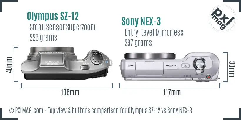 Olympus SZ-12 vs Sony NEX-3 top view buttons comparison