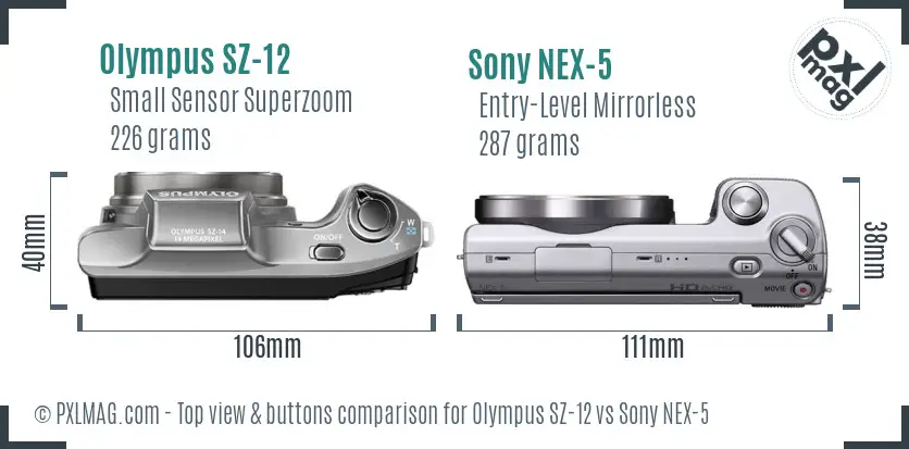 Olympus SZ-12 vs Sony NEX-5 top view buttons comparison
