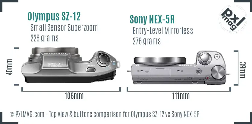 Olympus SZ-12 vs Sony NEX-5R top view buttons comparison