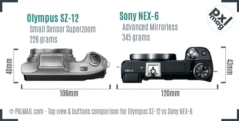 Olympus SZ-12 vs Sony NEX-6 top view buttons comparison