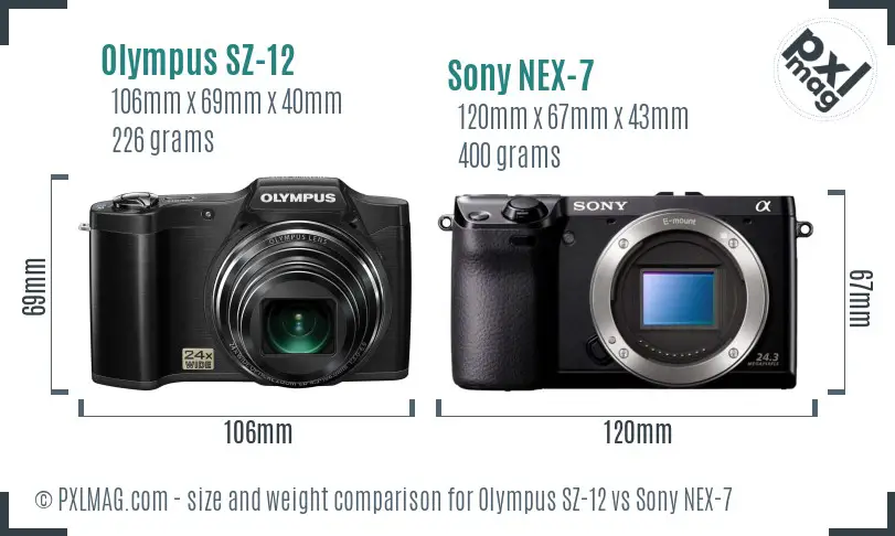 Olympus SZ-12 vs Sony NEX-7 size comparison