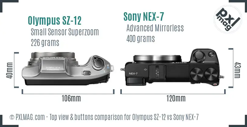 Olympus SZ-12 vs Sony NEX-7 top view buttons comparison