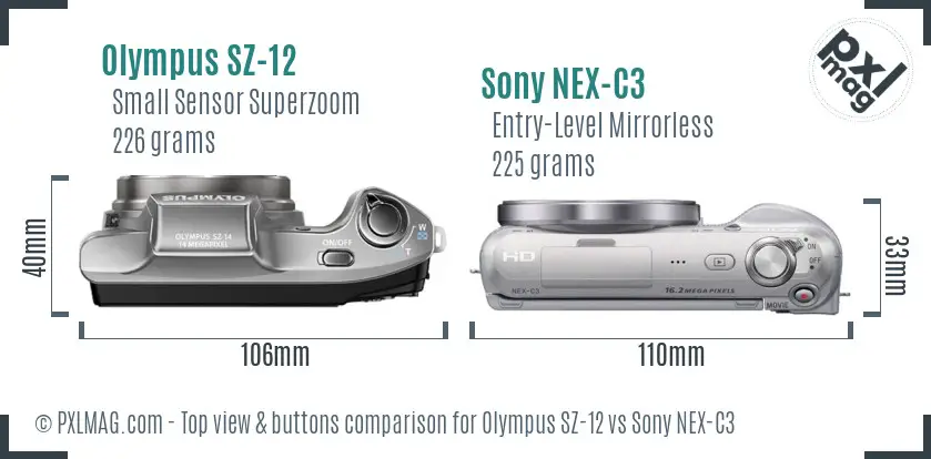 Olympus SZ-12 vs Sony NEX-C3 top view buttons comparison