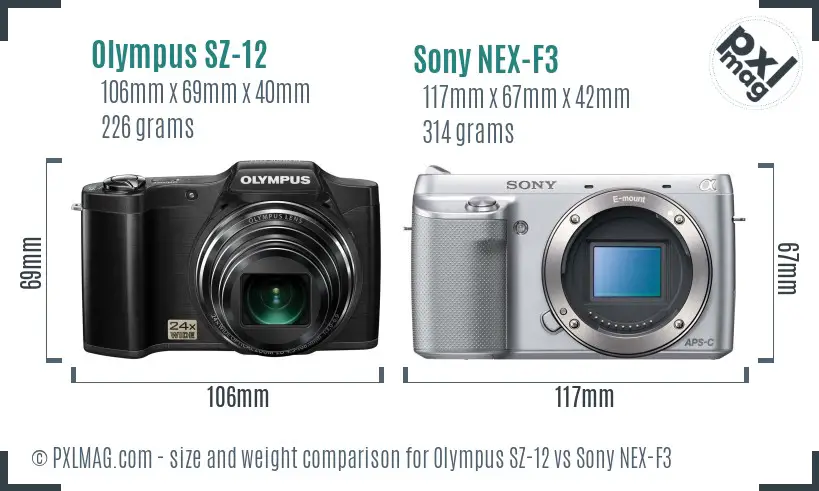 Olympus SZ-12 vs Sony NEX-F3 size comparison