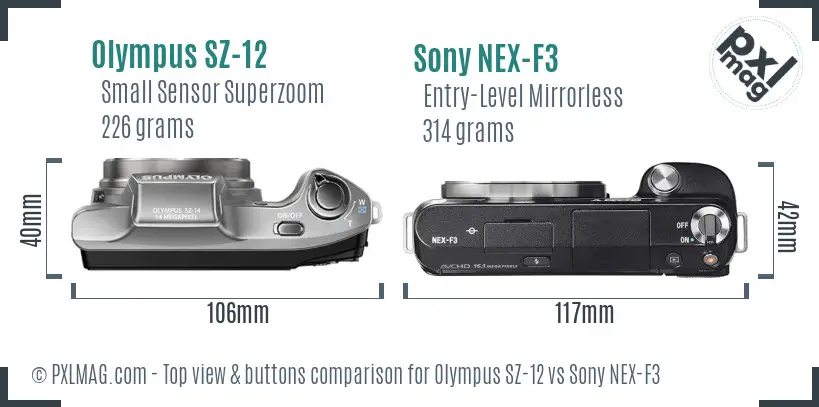 Olympus SZ-12 vs Sony NEX-F3 top view buttons comparison