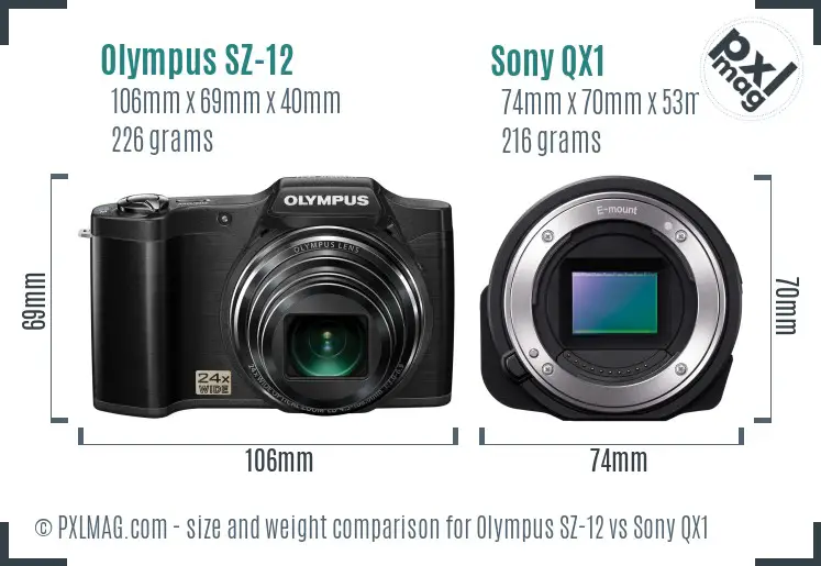 Olympus SZ-12 vs Sony QX1 size comparison
