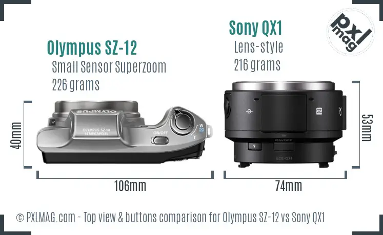 Olympus SZ-12 vs Sony QX1 top view buttons comparison