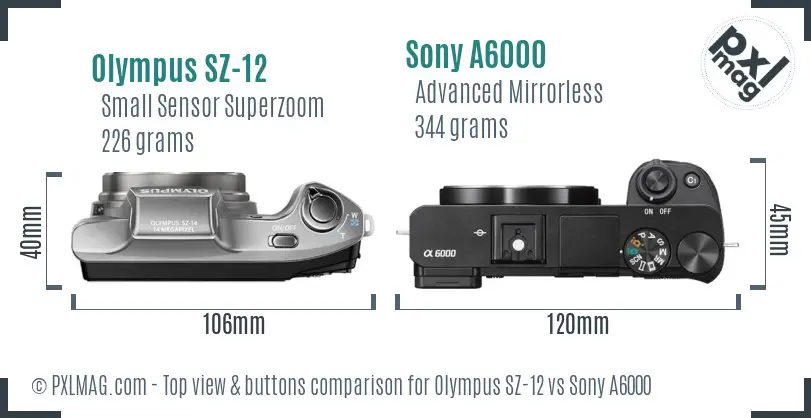 Olympus SZ-12 vs Sony A6000 top view buttons comparison Olympus SZ-12 vs Sony A6000 top view buttons comparison