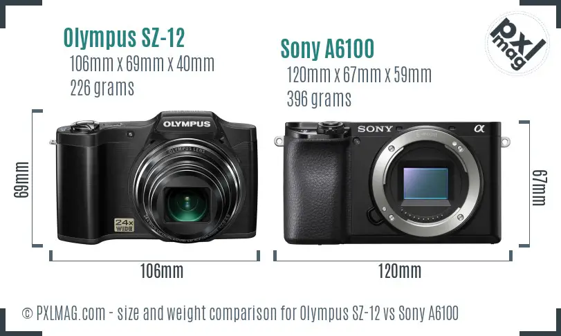 Olympus SZ-12 vs Sony A6100 size comparison