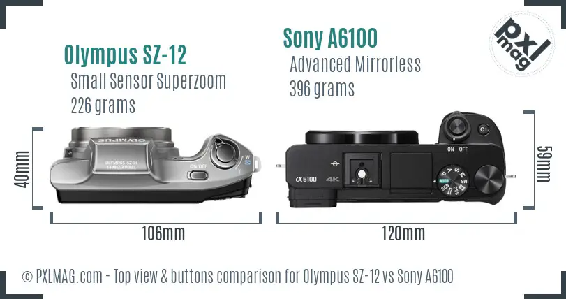 Olympus SZ-12 vs Sony A6100 top view buttons comparison