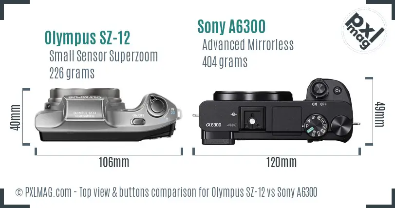 Olympus SZ-12 vs Sony A6300 top view buttons comparison