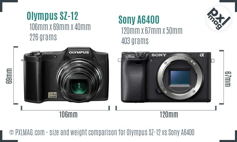 Olympus SZ-12 vs Sony A6400 size comparison