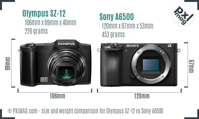 Olympus SZ-12 vs Sony A6500 size comparison