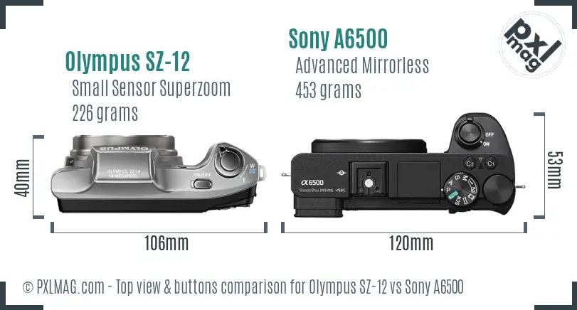 Olympus SZ-12 vs Sony A6500 top view buttons comparison