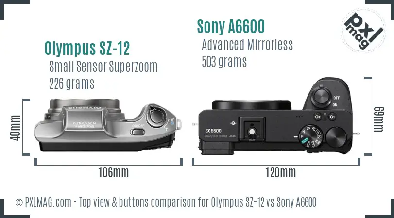 Olympus SZ-12 vs Sony A6600 top view buttons comparison