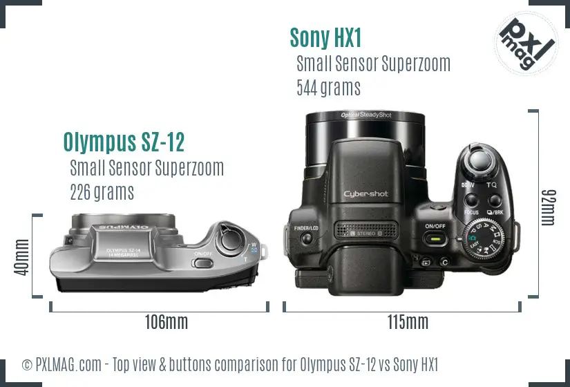 Olympus SZ-12 vs Sony HX1 top view buttons comparison